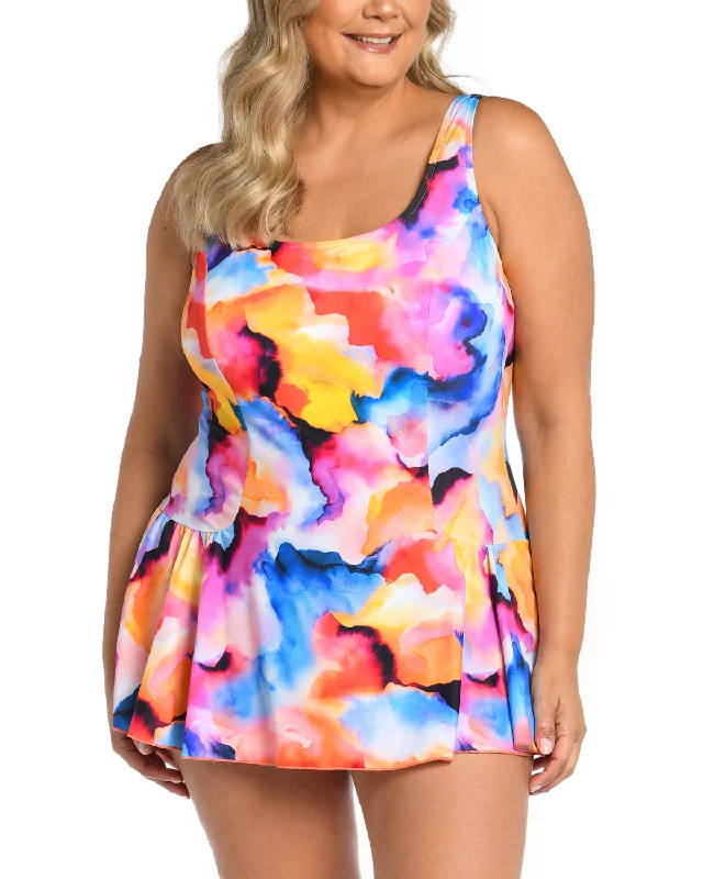 2024 Maxine of Hollywood Women's Plus Watercolor Bliss Princess Seam Swim Dress - Mw4dp41