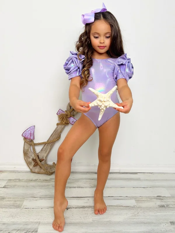 Blooming Rose Sleeve Metallic Purple One Piece Swimsuit