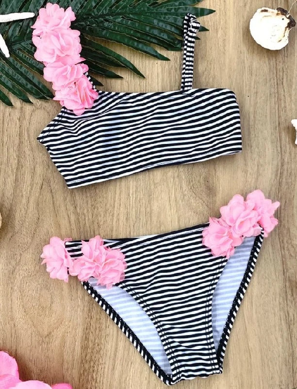 Costal Flower Striped Two Piece Swimsuit