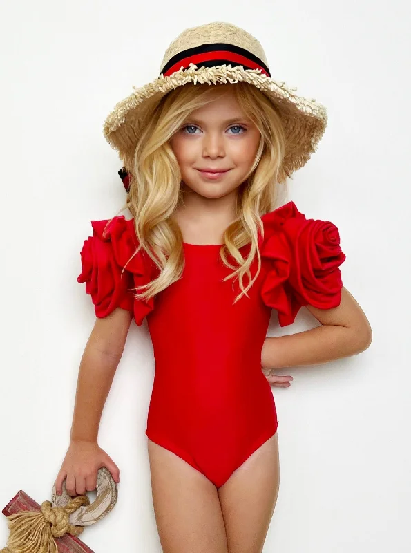 Blooming Rose Sleeve Red One Piece Swimsuit