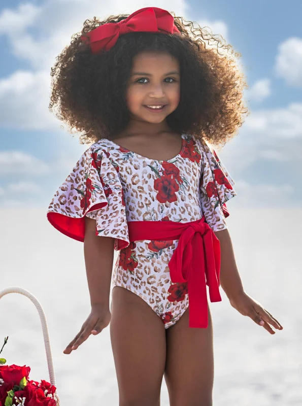 Spots and Petals Flare Sleeve One Piece Swimsuit