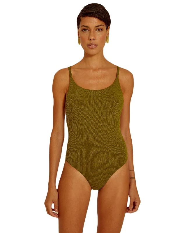 Y Back Round Neck One Piece Textured Moss, Removable Cups