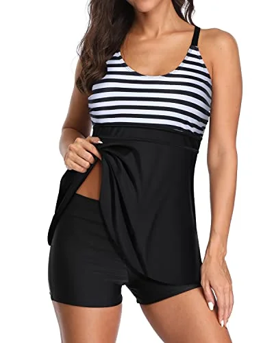 Modest 2 Piece Tummy Control Bathing Suits Boyshorts-Black And White Stripe