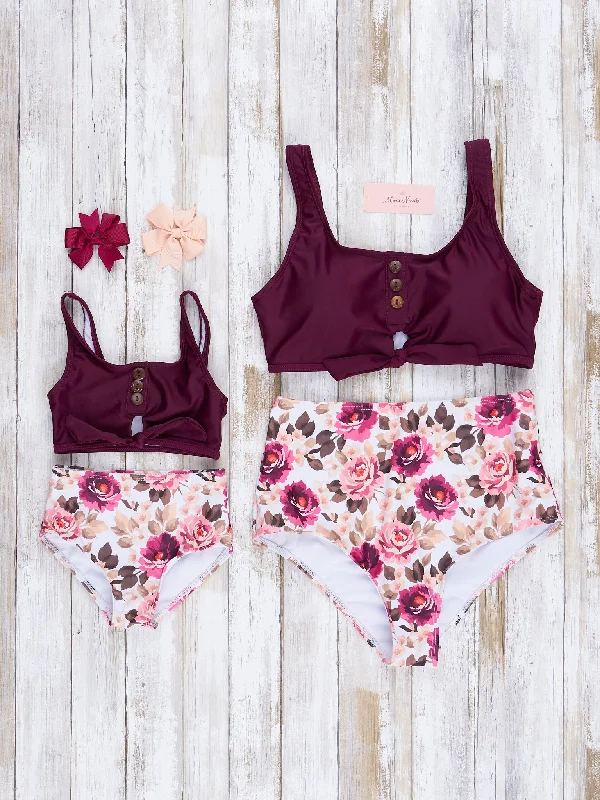 Mom & Me Burgundy Florals Swimsuit