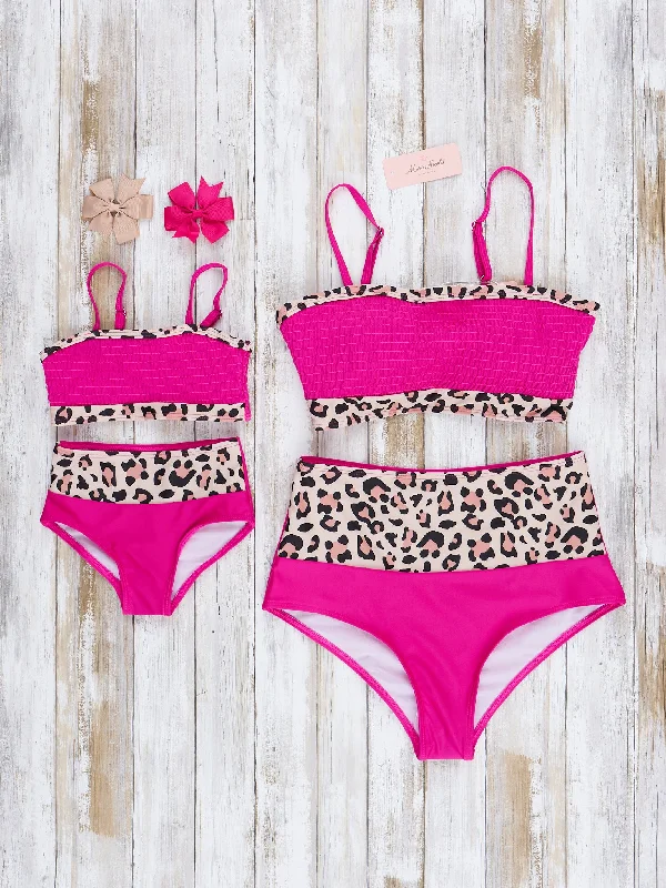 Mom & Me Fuchsia & Leopard Smocked Swimsuit