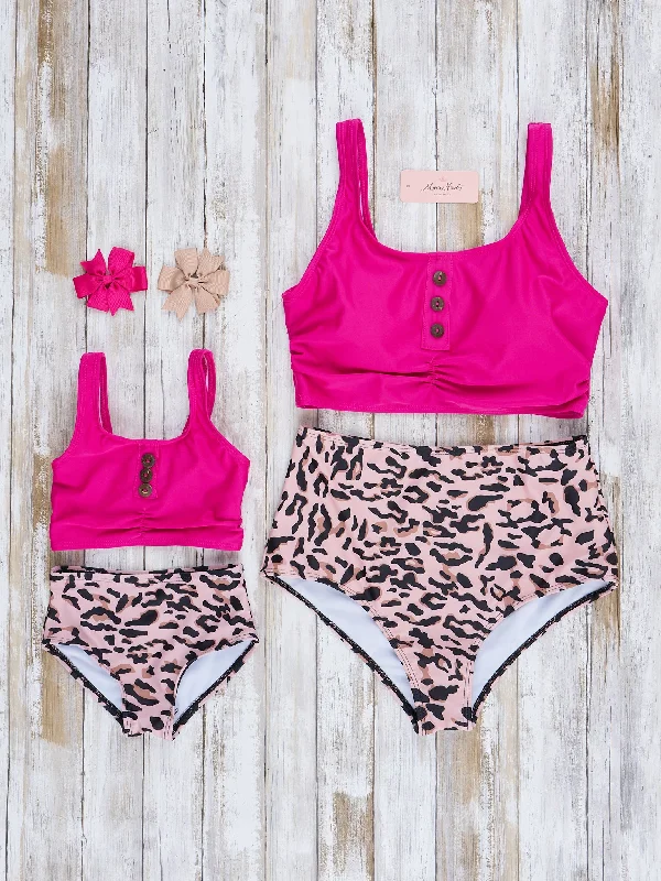 Mom & Me Magenta & Leopard Swimsuit