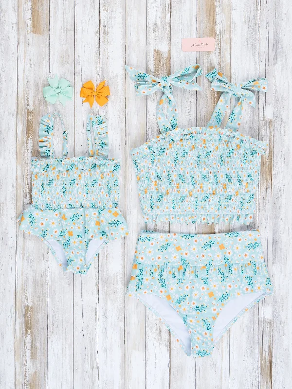 Mom & Me Mint & Yellow Blooms Smocked Swimsuit