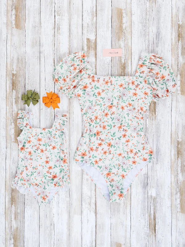 Mom & Me Orange & Green Blooms Swimsuit