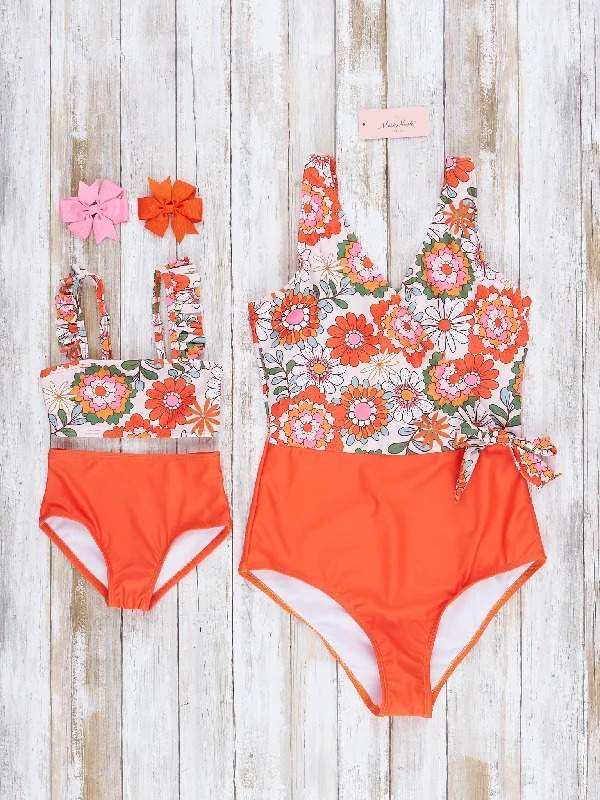 Mom & Me Orange Retro Blooms Swimsuit