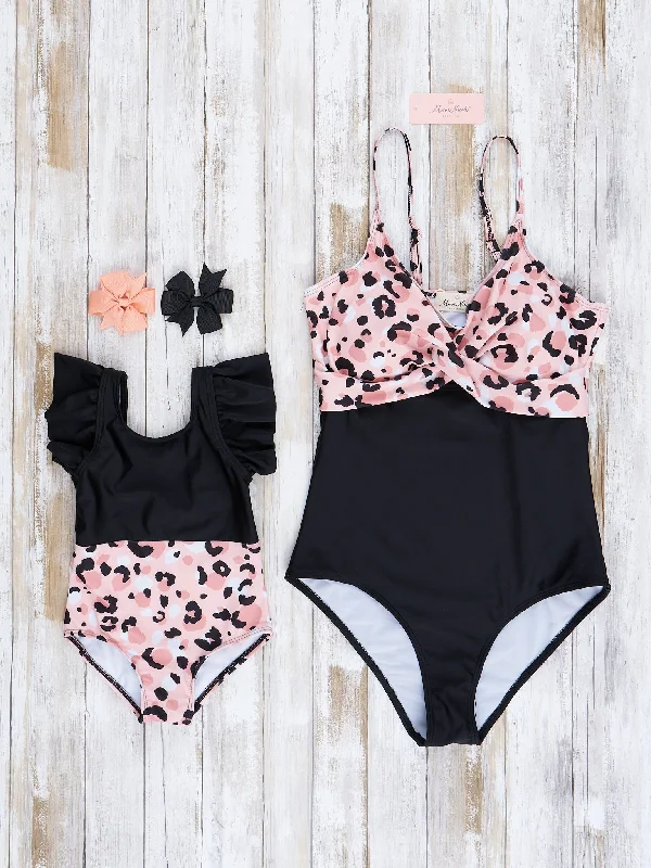 Mom & Me Peach & Black Leopard Ruffle Swimsuit