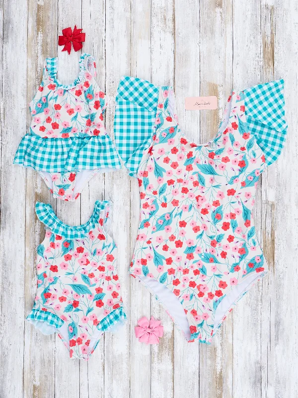 Mom & Me Teal Gingham & Blooms Ruffle Swimsuit