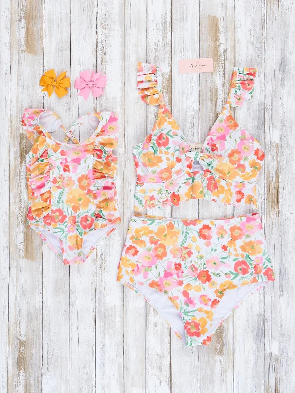 Mom & Me Yellow & Orange Watercolor Blooms Ruffle Swimsuit