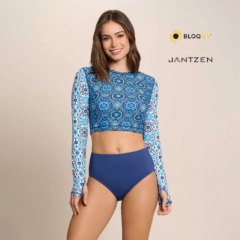 MOROCCAN TILES CROPPED SWIM RASH GUARD TEE