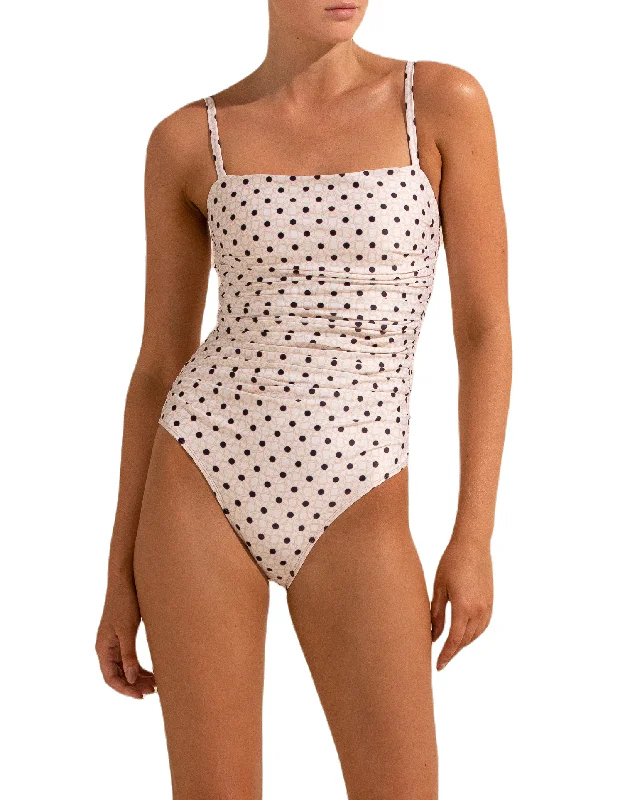 Ruched One Piece Swimsuit, Many Moons Dot Print, Removable Cups