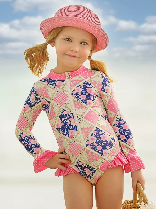 Preppy Floral Patchwork Rash Guard One Piece Swimsuit