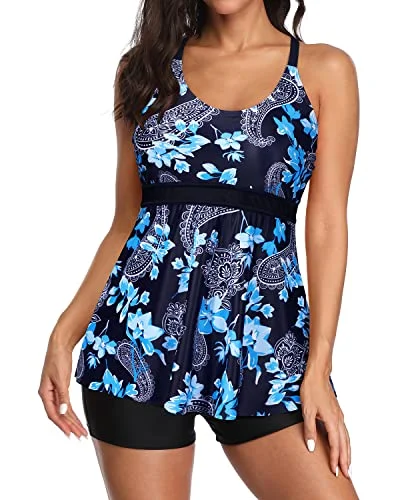 Full Coverage Boyshorts 2 Piece Tummy Control Bathing Suits-Blue Floral