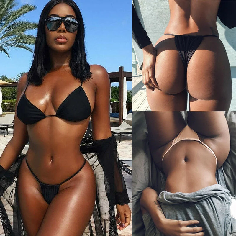 Women Sexy Black Swimwear Bikini Bottom Side Tie Thong Bathing Swimsuit Lady Summer Hot Selling Beach Bikini Triangle Bottom