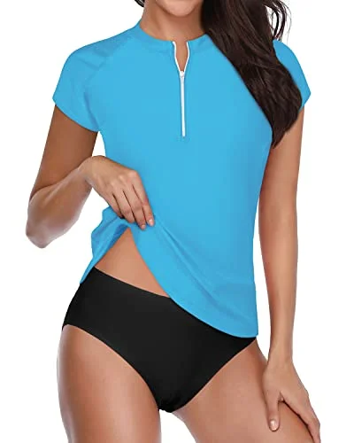 Cap Sleeve Bathing Suit Women's Two Piece Rash Guard With Zipper-Aqua And Black