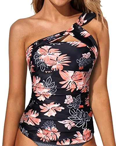 Padded Push Up Bra Swim Top Asymmetric Cut Tankini Top-Black Orange Floral