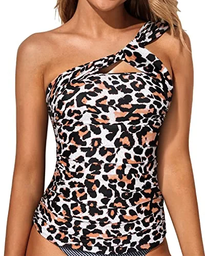 One Shoulder Ruched Bathing Suit Top Tummy Control Swim Tops-Leopard