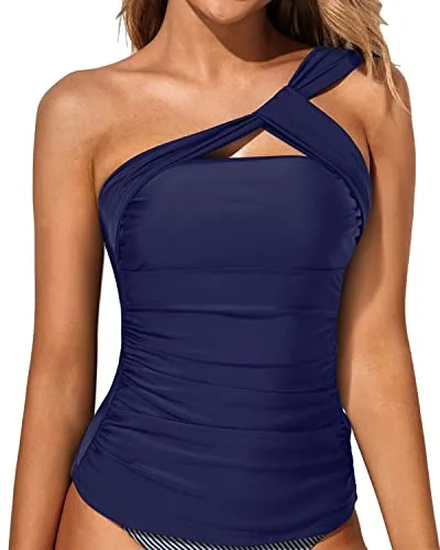 Removable Padded Push Up Bra Swim Top Asymmetric Cut Swim Tops-Navy Blue