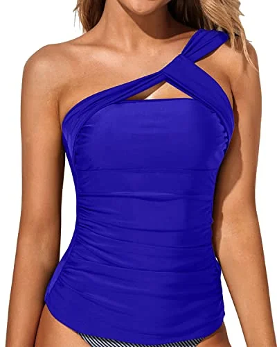 Tummy Control One Shoulder Bathing Suit Top Removable Pads Swim Tops-Royal Blue