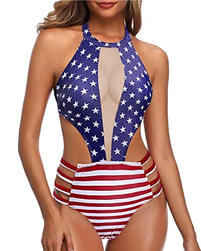 High Neck Halter Cutout Monokini Sexy One Piece Bathing Suit For Women-National Flag