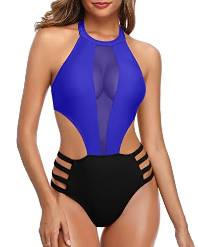 Halter Tie Neckline Sexy One Piece Bathing Suit For Women-Royal Blue And Black