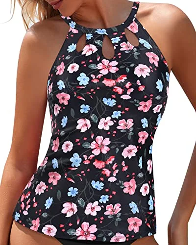 High Neck Tankini Top Halter Keyhole Backless Swim Tank Top-Black Floral