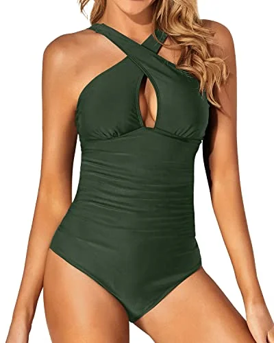 Ruched Waistband One Piece Tummy Control Bathing Suit-Army Green