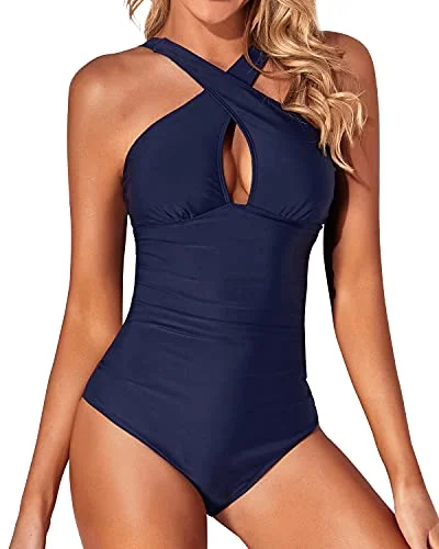 Long Torso One Piece Tummy Control Bathing Suit-Navy Blue