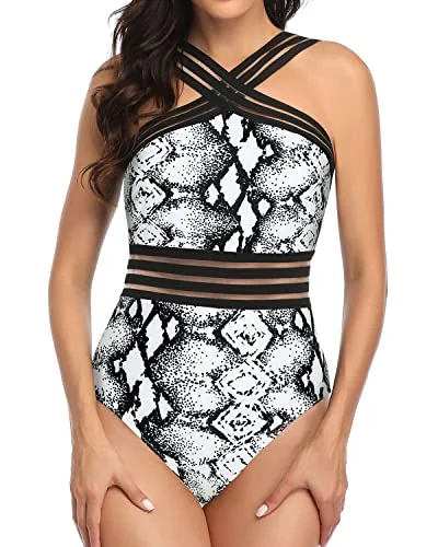 Slimming Silhouette One Piece Tummy Control Bathing Suit-Black And White Snake Print