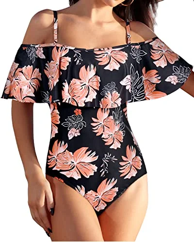 Flattering Off The Shoulder One Piece Bathing Suit With Tummy Control-Black Orange Floral