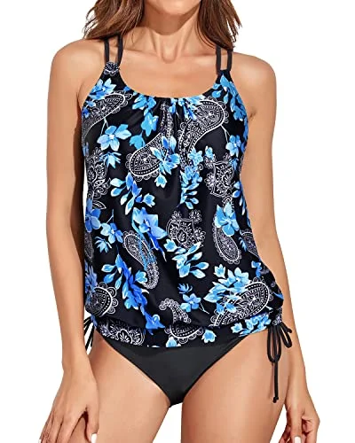 Blouson Two Piece Tankini Bathing Suits For Women Tummy Control Swimsuits-Black Floral