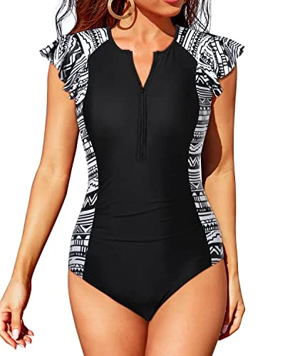 Women's Tummy Control Short Sleeve One Piece Rash Guard-Black Tribal